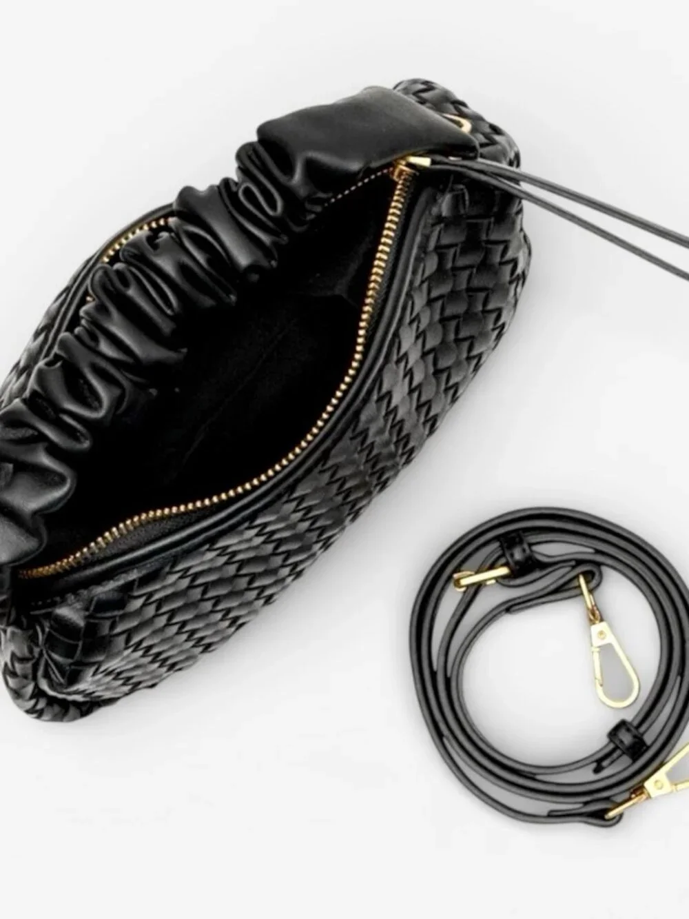 Black Woven Vegan Leather Ruched Handle Crossbody Handbag NWT